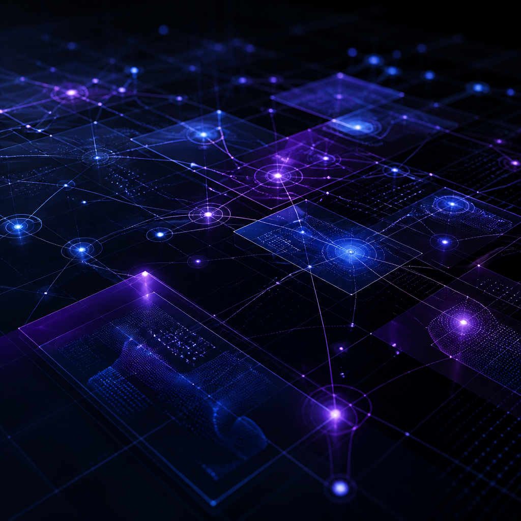 Connected digital infrastructure nodes and operational dashboards across a dark network