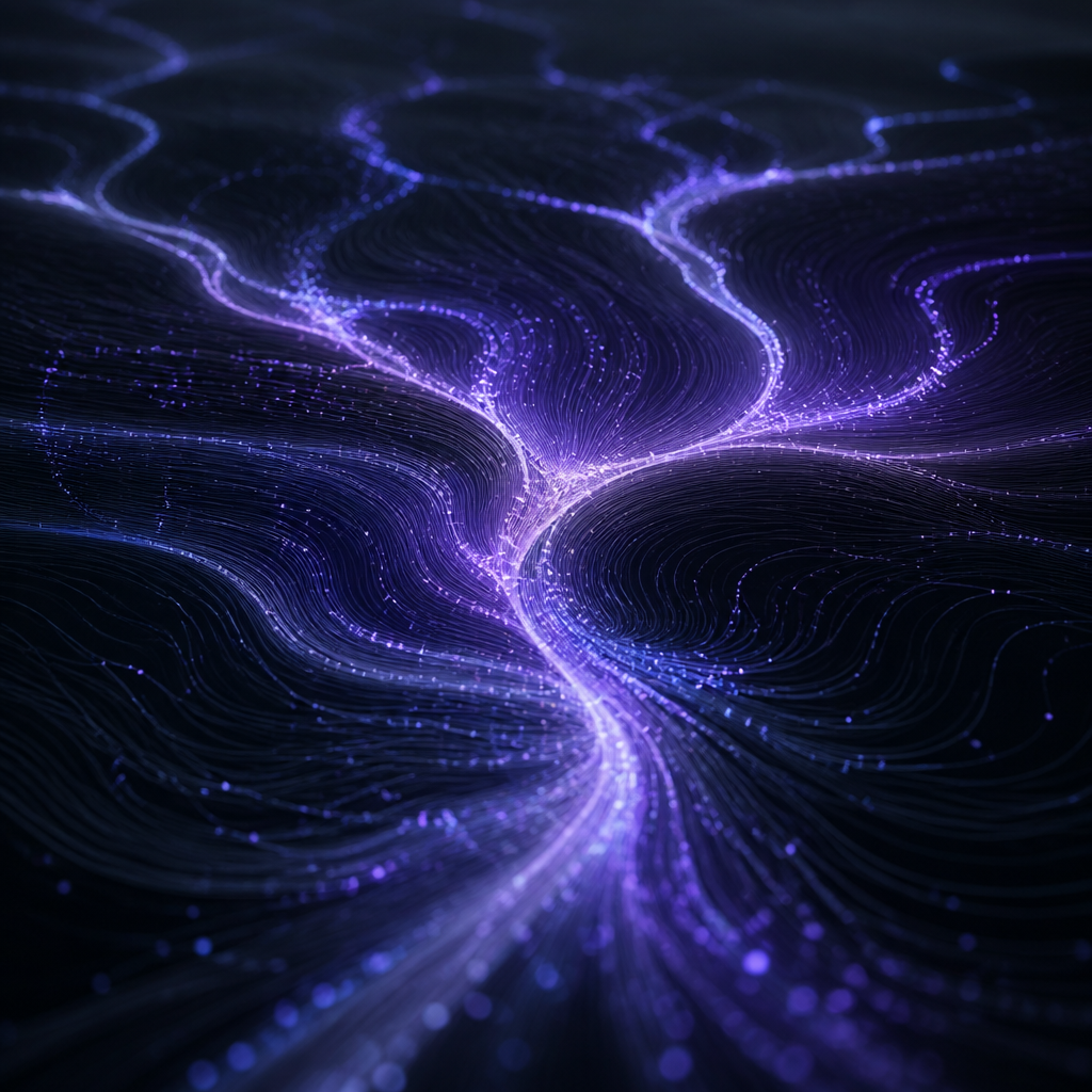 Luminous data paths branching and converging to represent lead movement through a pipeline