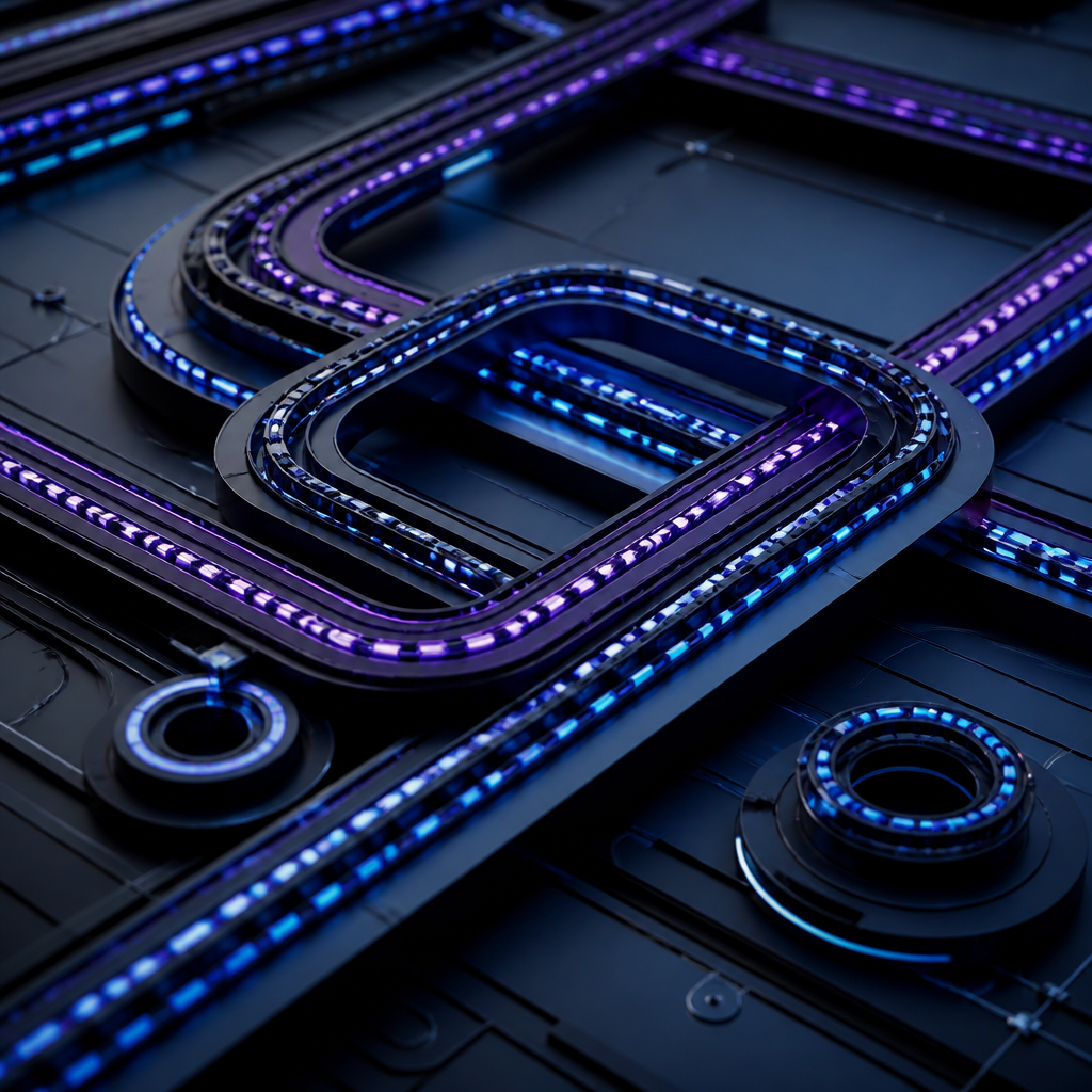 Flowing blue and violet illuminated tracks representing an automated business workflow