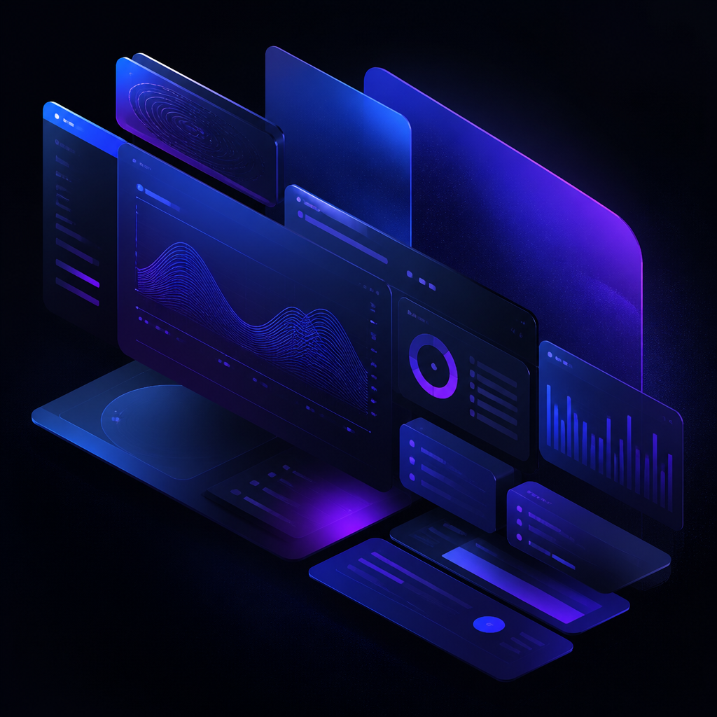 A dark digital product dashboard with layered screens, charts, and interface panels