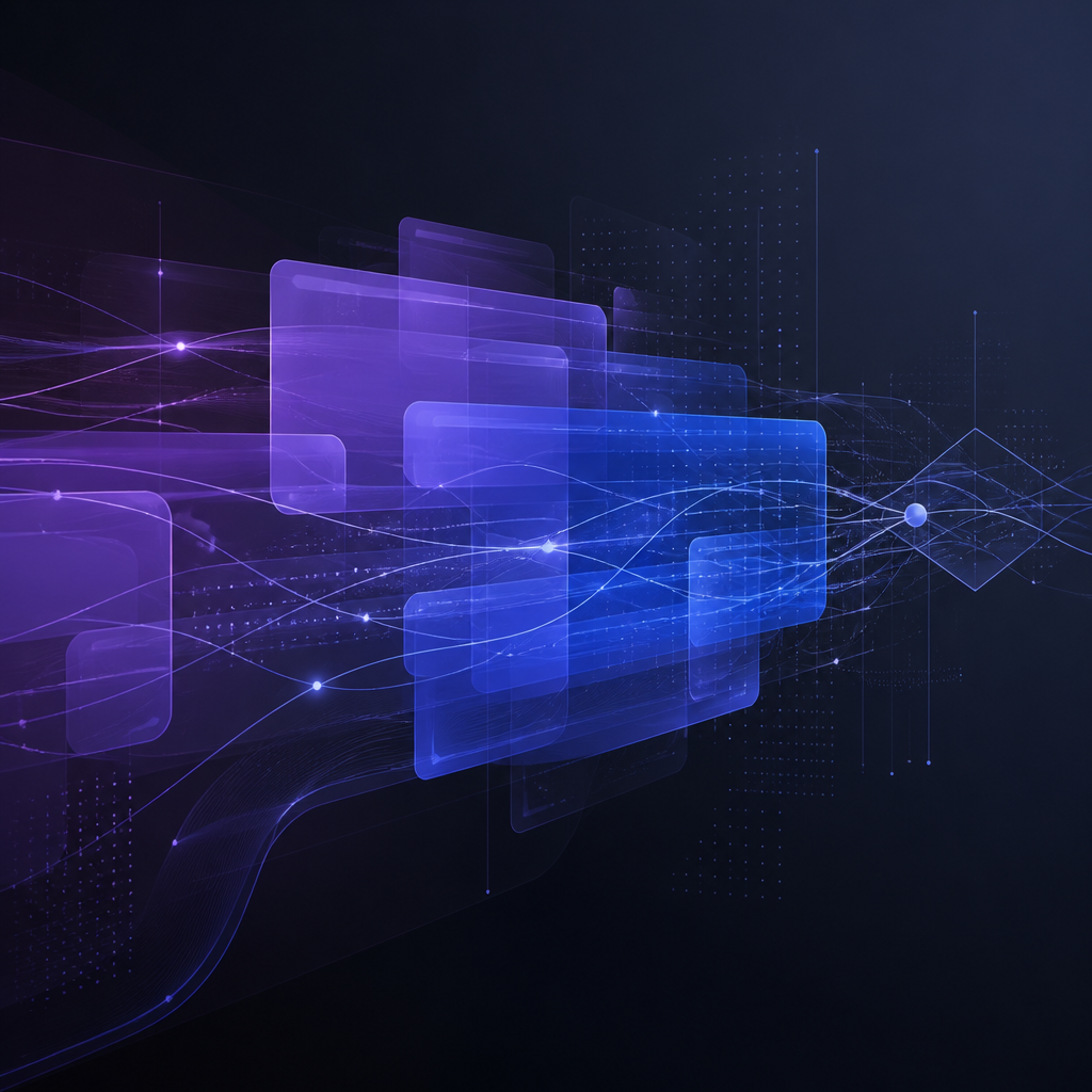 Layered conversational interface panels connected by luminous AI data lines