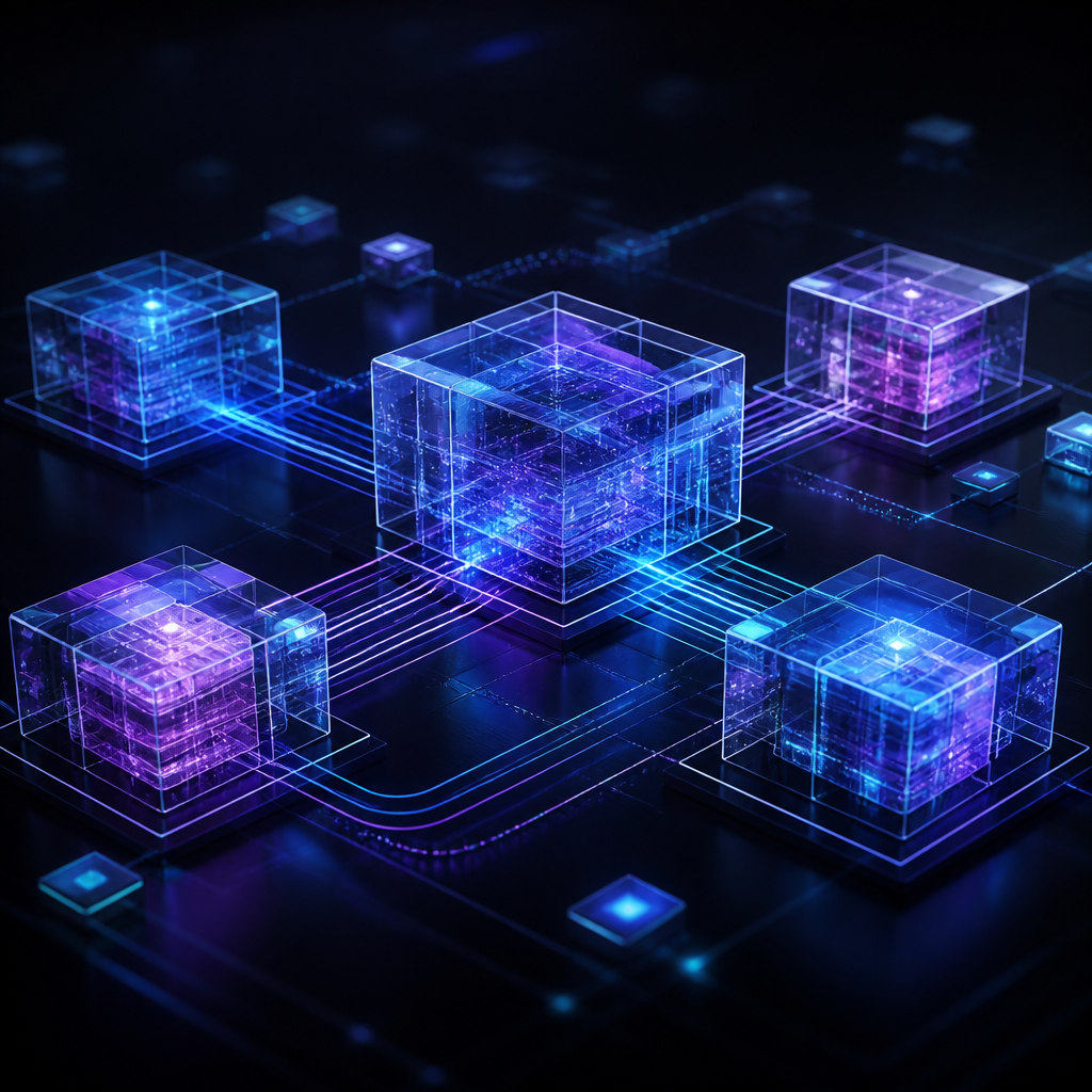Connected translucent data cubes linked across a glowing digital network